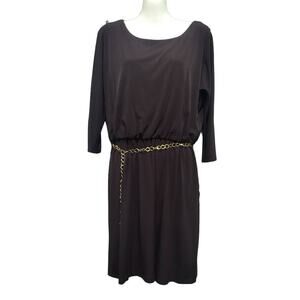 Sandra Darren 3/4 Sleeve Dress with Gold‎ Chain Belt, Brown, Sz 10 NWT